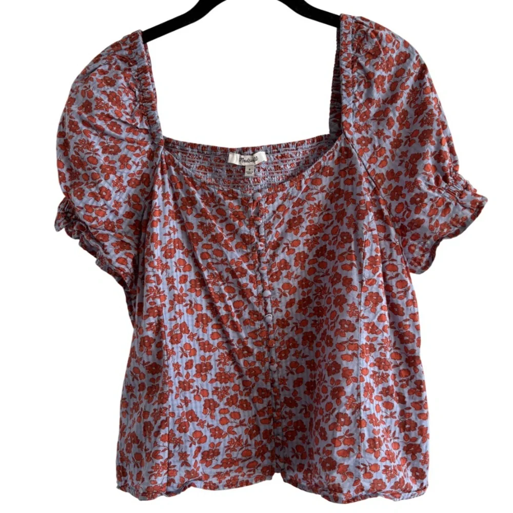 Madewell Rust Floral Square Neck Puff Sleeve Top